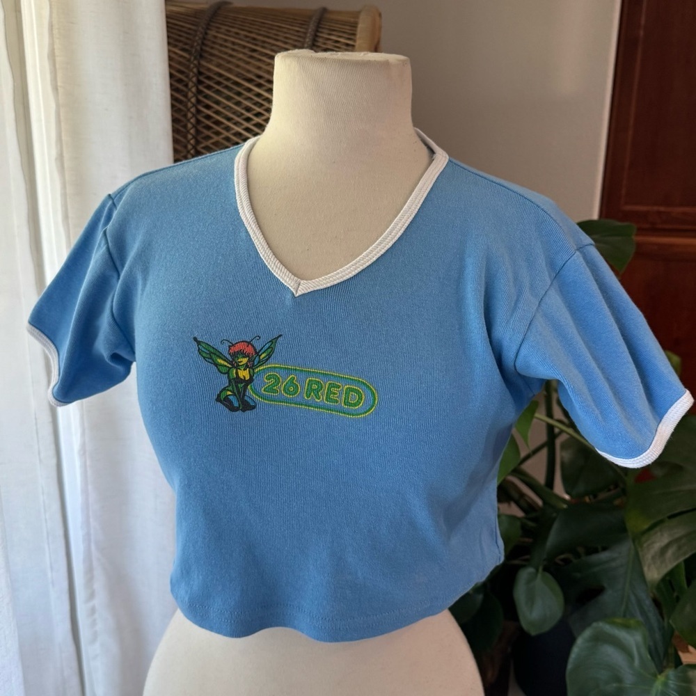 Vintage 26 Red Blue Crop Top‎ with Embroidered Design